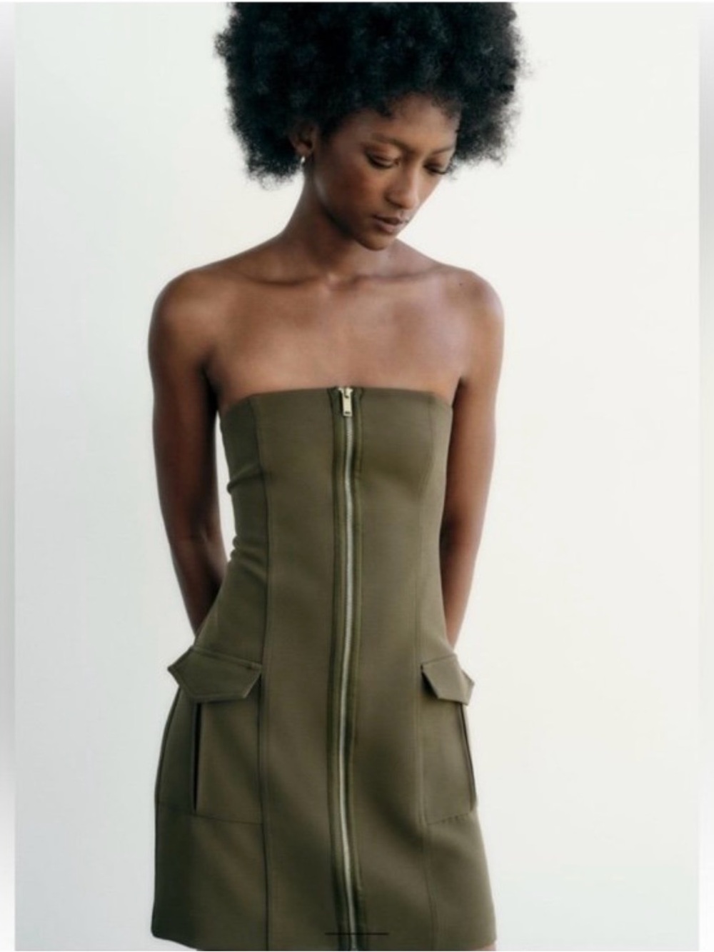 Zara Olive Green Strapless Zip-Front Mini Dress